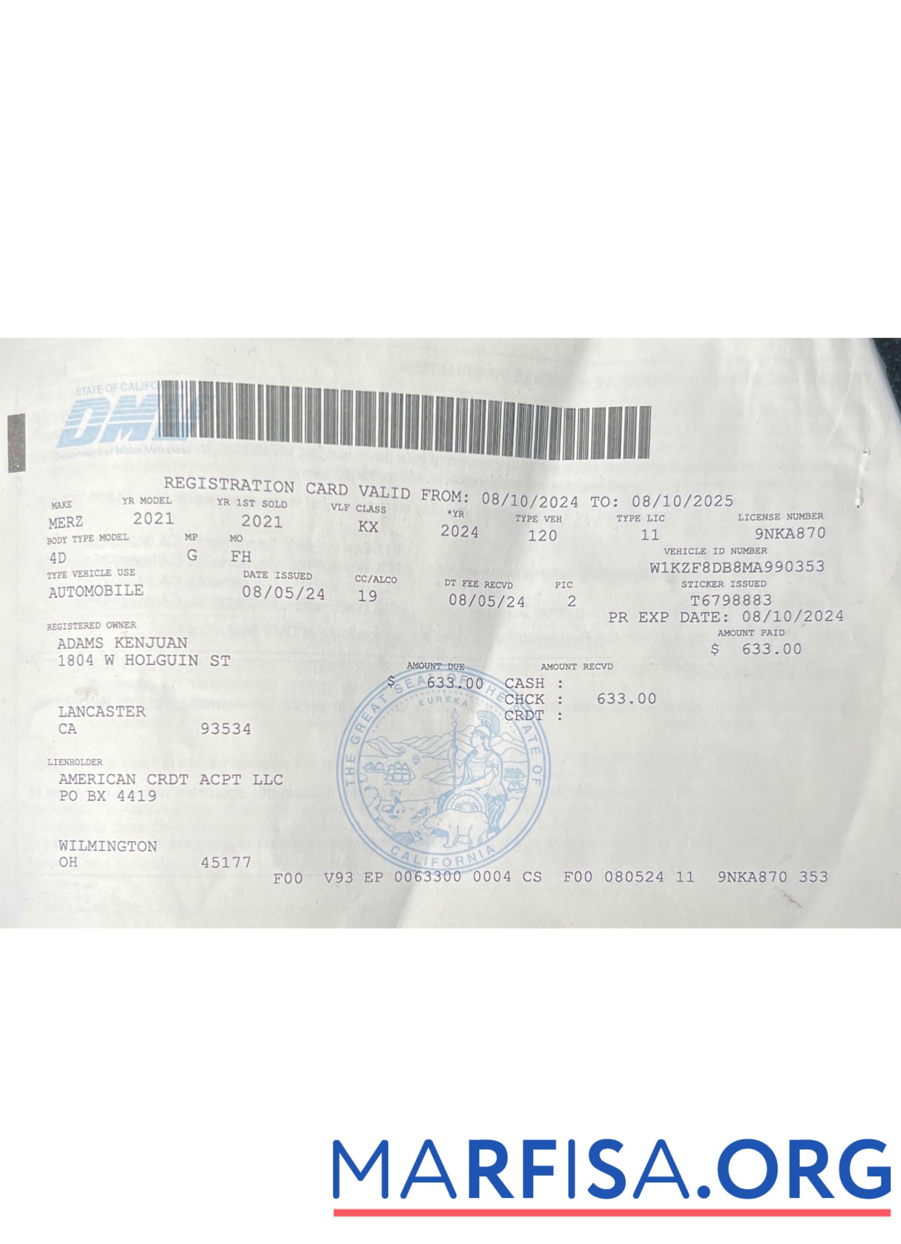 Blank USA California vehicle registration license sample